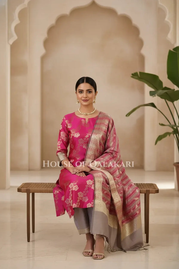 Banarasi Cotton Silk blend Unstitched Dress Material in rani pink and silver grey contrast with Intricate Zari Buti – sitting pose