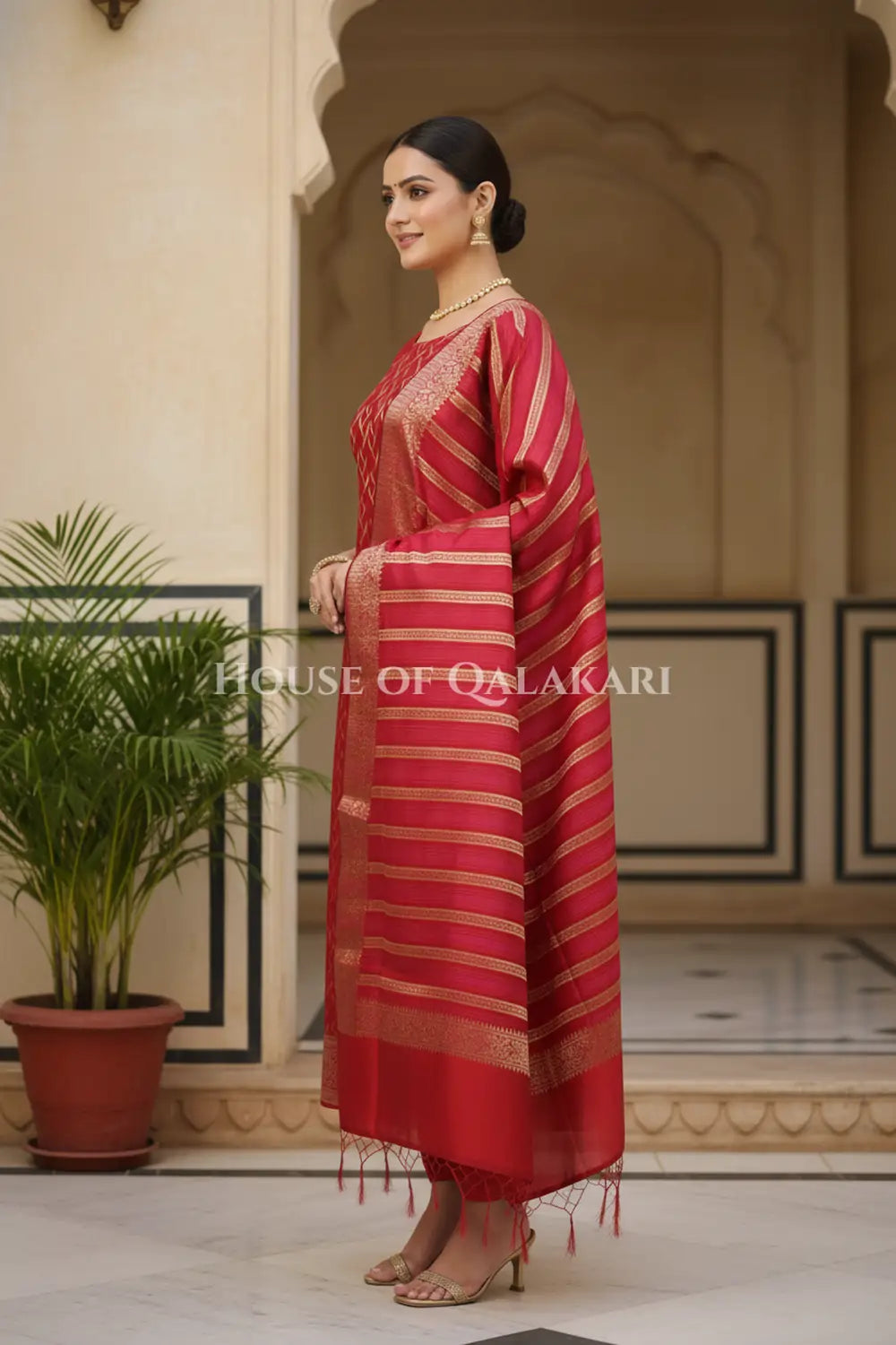 Banarasi Chanderi Cotton Unstitched Dress Material in Red and with matching horizontal zari stripe dupatta – side pose