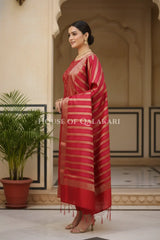 Banarasi Chanderi Cotton Unstitched Dress Material in Red and with matching horizontal zari stripe dupatta – side pose