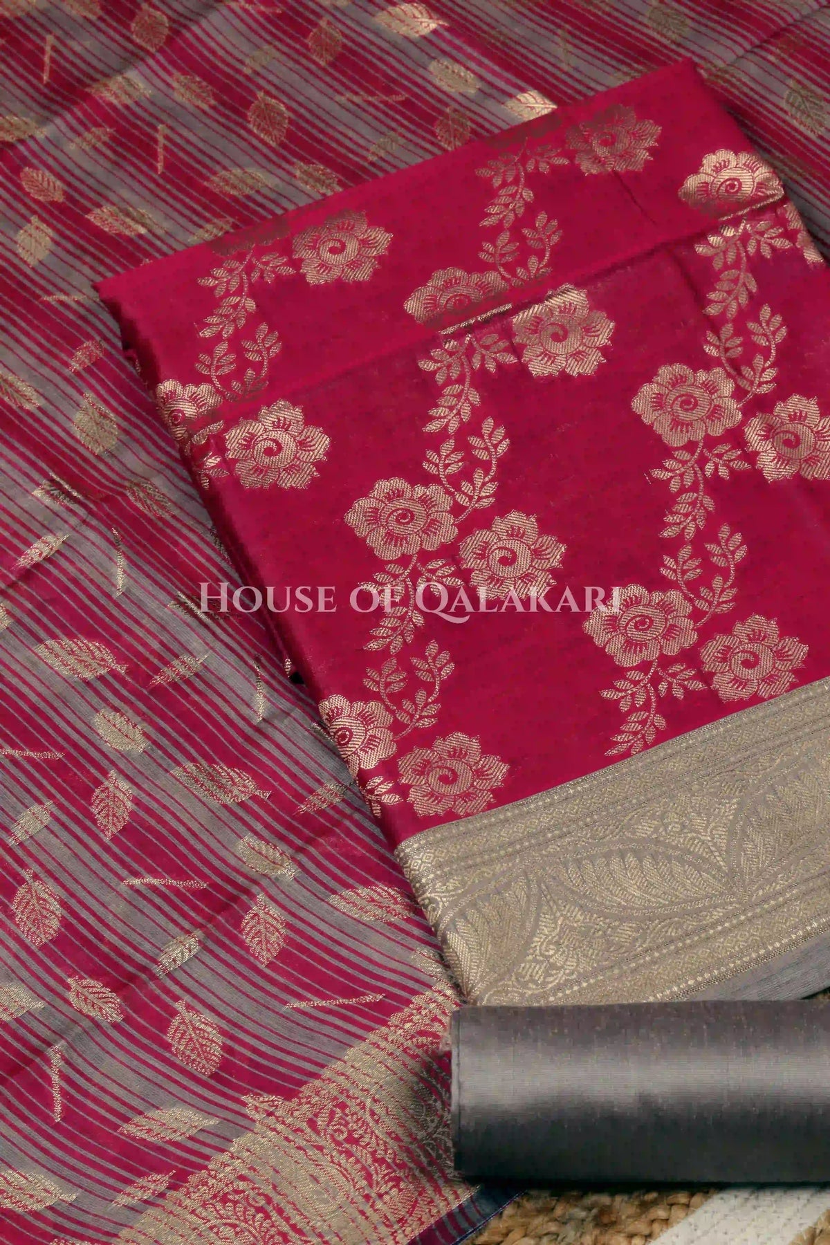 Banarasi Cotton Silk blend Unstitched Dress Material in rani pink and silver grey contrast with Intricate Zari Buti – product