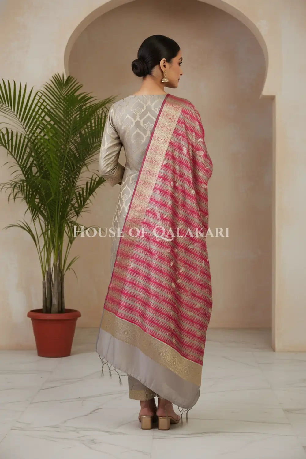 Banarasi Cotton Silk blend Unstitched Dress Material in Rosy Brown and with contrast Burgundy-Rosy Brown striped dupatta – back pose