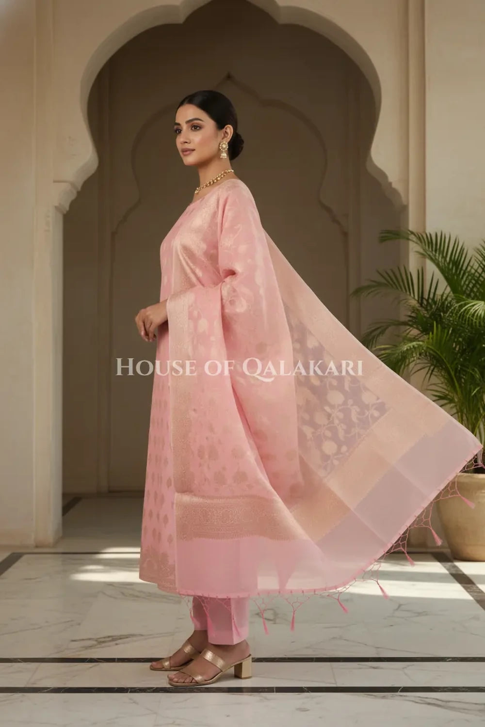 Banarasi Chanderi Cotton Unstitched Dress Material in Blush Pink with intricate Zari Buti work – side pose