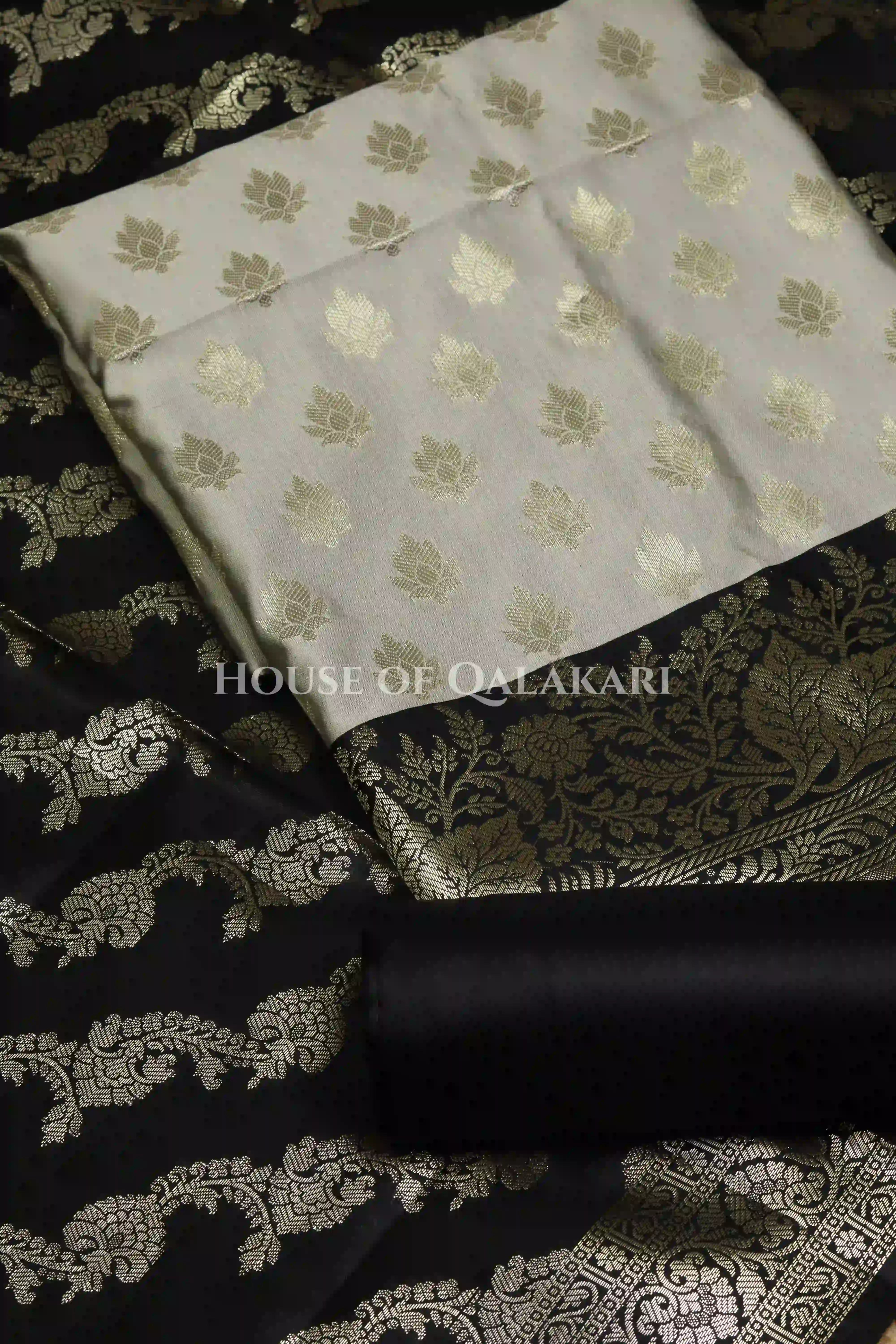 Banarasi Silk Unstitched Dress Material in light grey and black contrast with Intricate Zari Buti – product