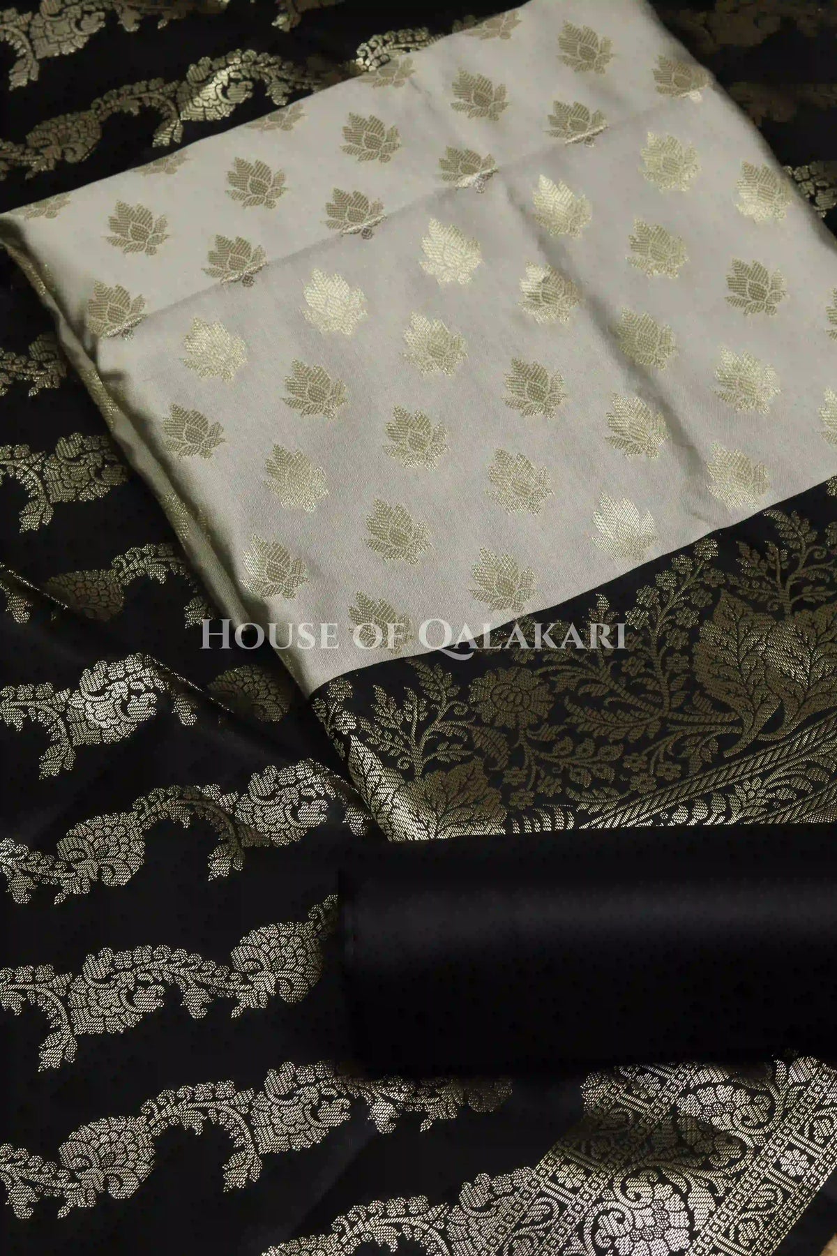 Banarasi Silk Unstitched Dress Material in light grey and black contrast with Intricate Zari Buti – product