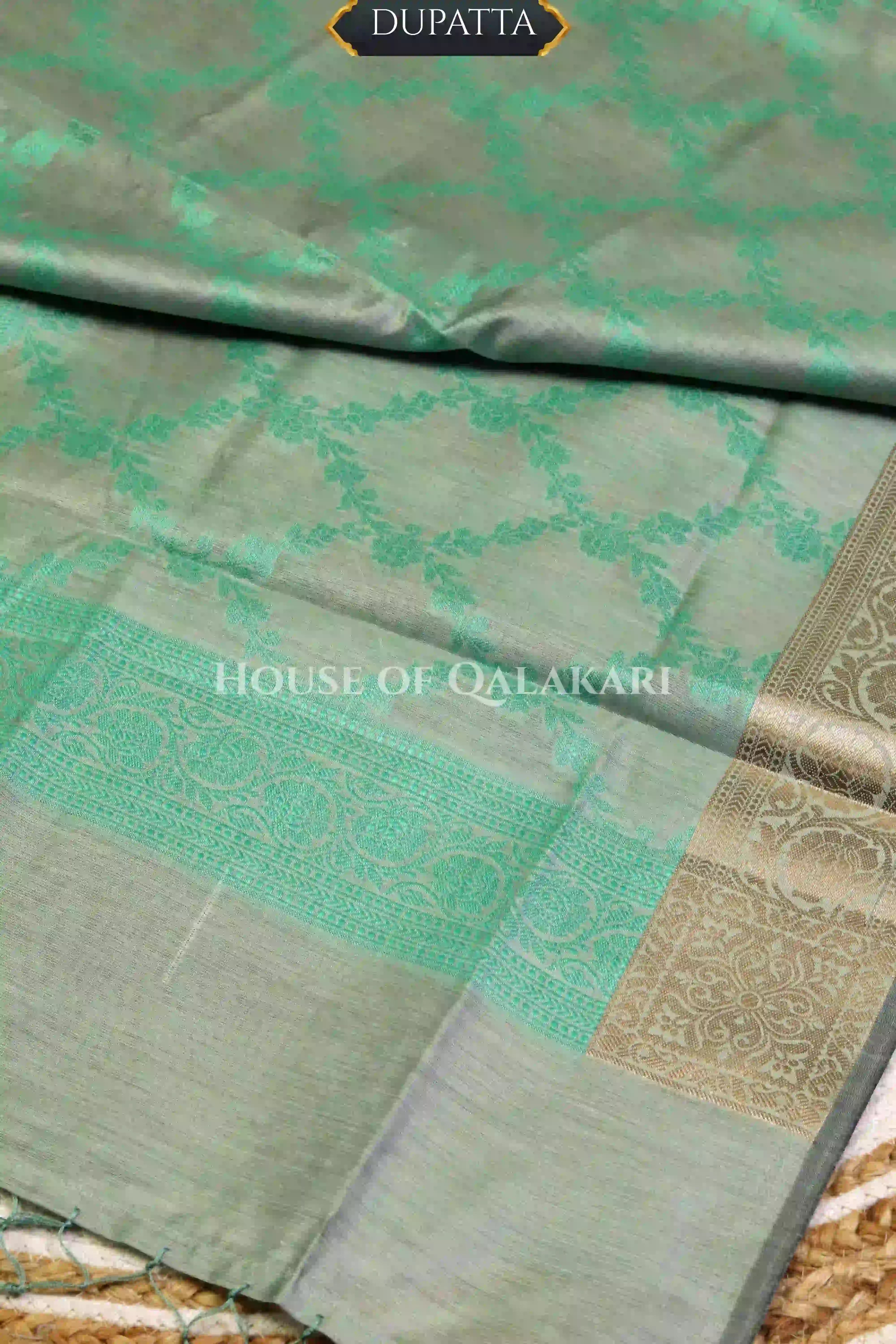 Banarasi Chanderi Cotton Unstitched Dress Material in Sea Green and with matching floral vine jaal dupatta – dupatta