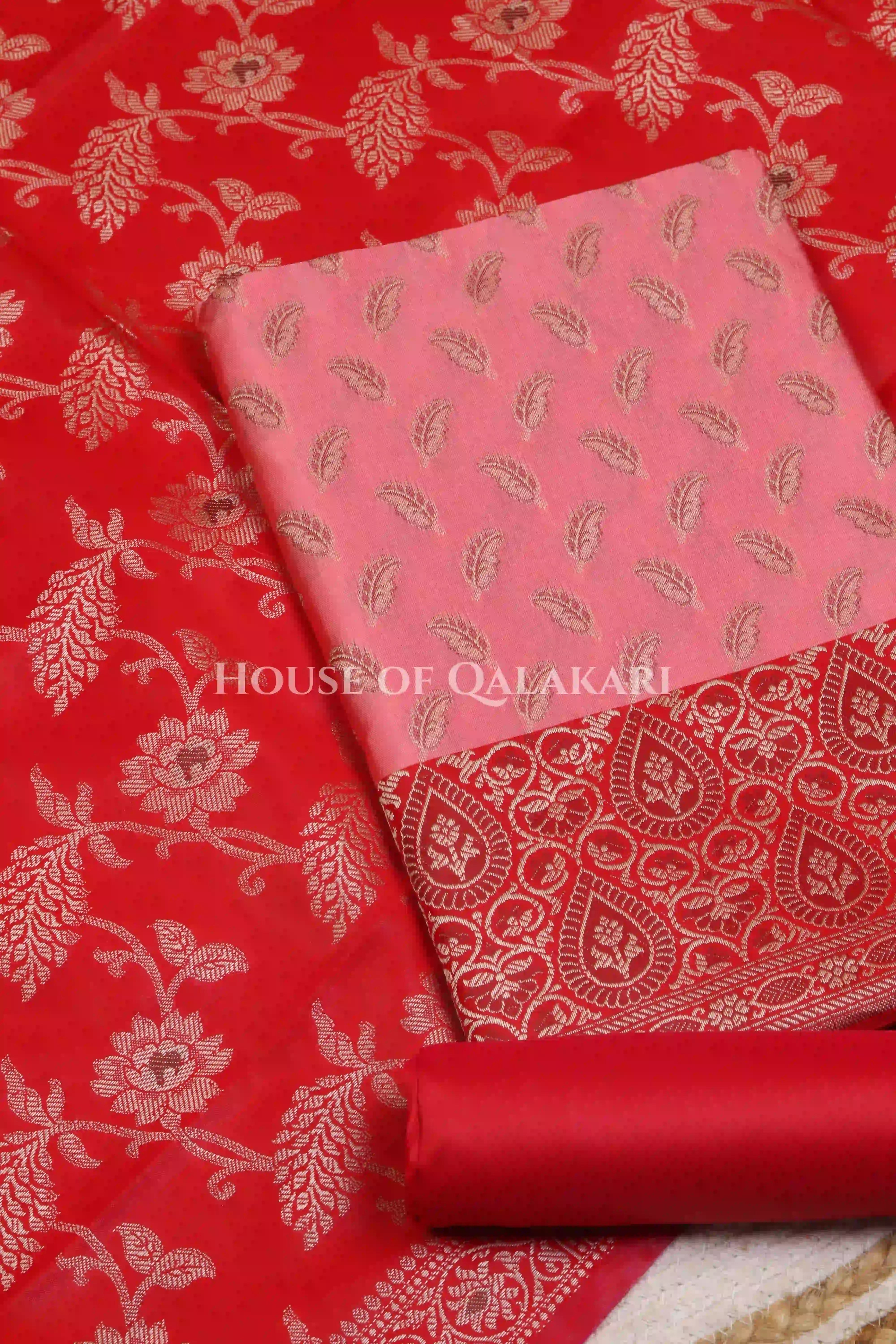 Banarasi Unstitched Dress Material in Rose Pink and with all over leaf buti and resham border along with floral resham jaal dupatta – kurta