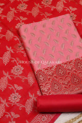 Banarasi Unstitched Dress Material in Rose Pink and with all over leaf buti and resham border along with floral resham jaal dupatta – kurta