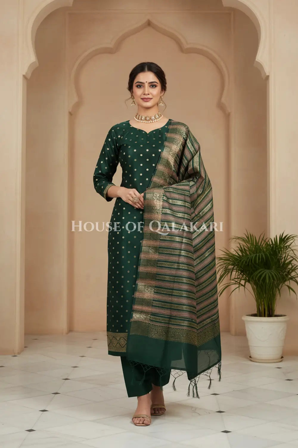 Banarasi Cotton Silk blend Unstitched Dress Material in Bottle Green and with gol buti( Polka dots) inspired work – front pose