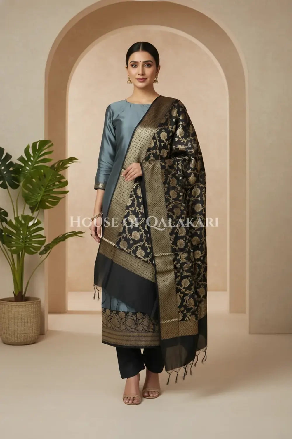 Banarasi silk Unstitched Dress Material in grey and black contrast with Intricate Zari Buti – front pose