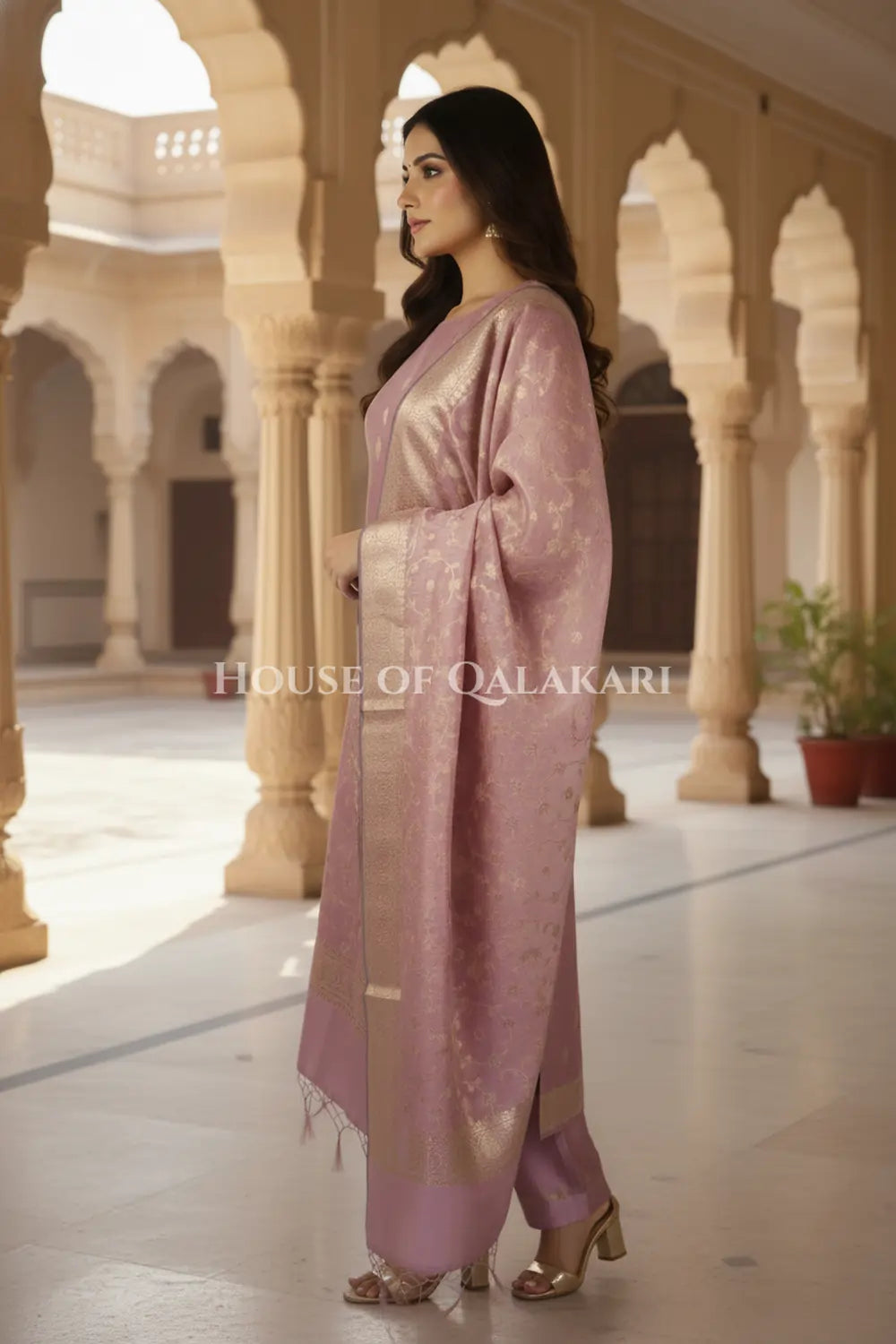 Banarasi Cotton Silk blend Unstitched Dress Material in Rose Pink colour with Intricate Zari Diamond Buti – side pose