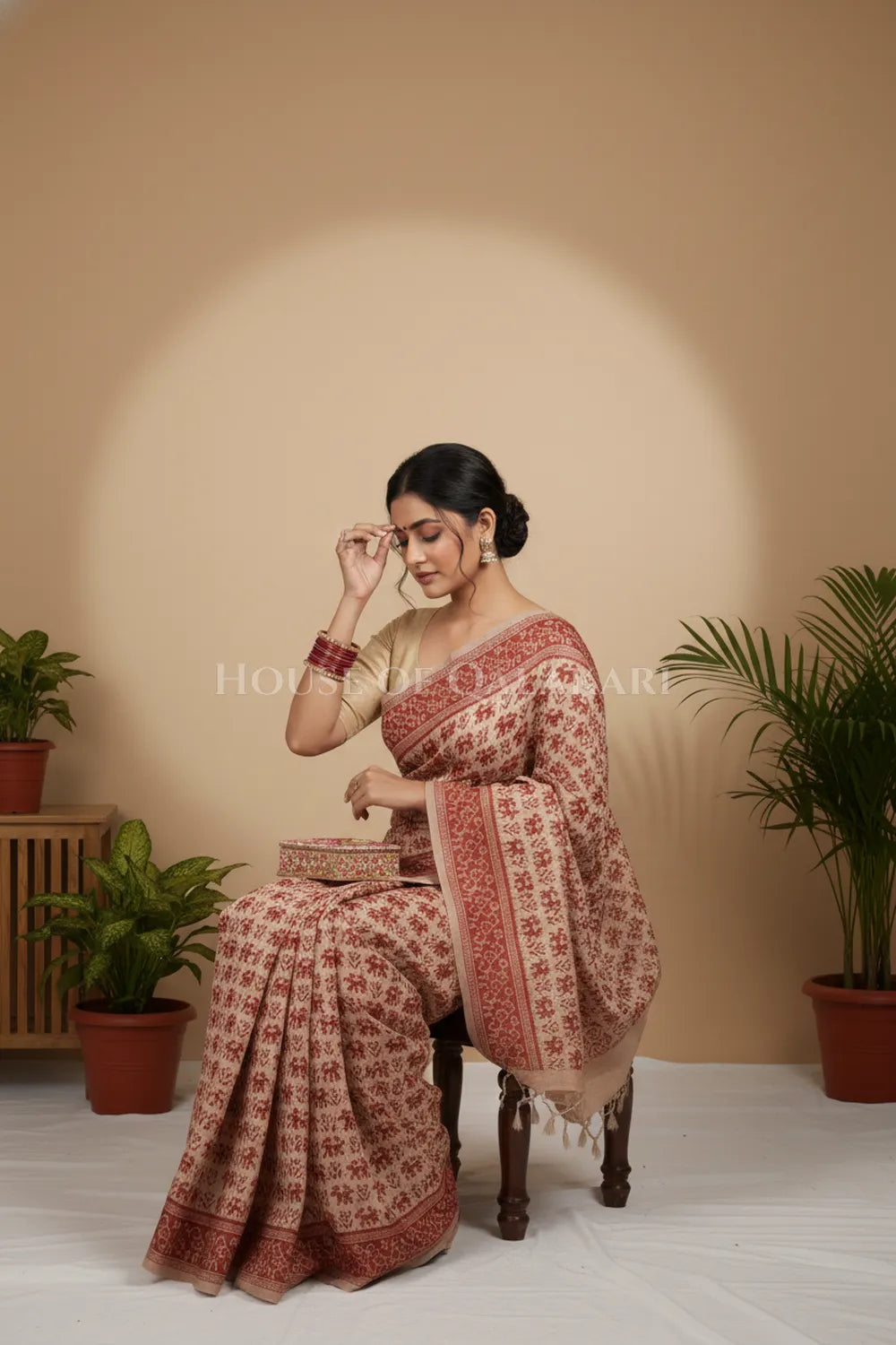 cotton kalamkari saree 0459 getting ready pose