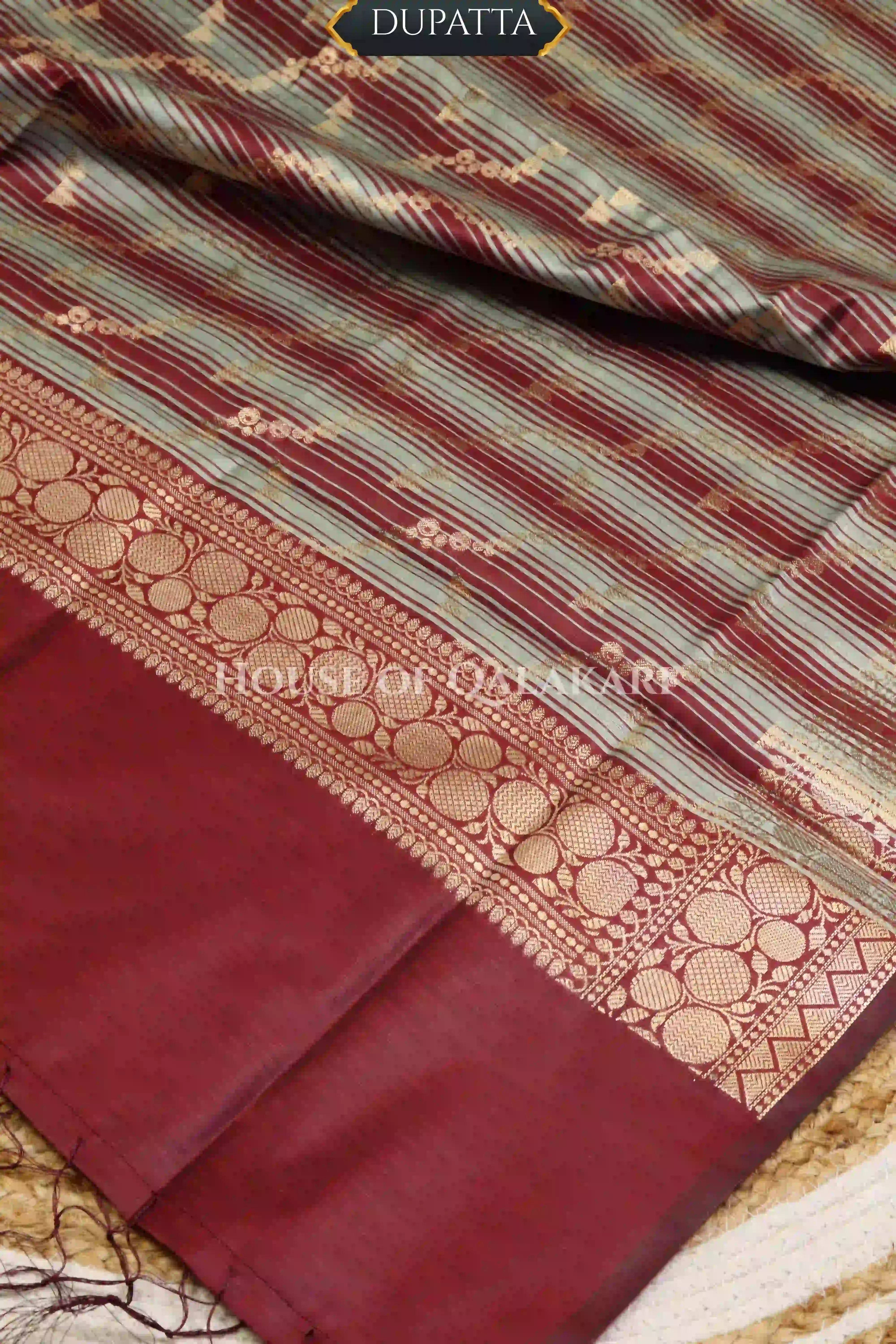 Banarasi Cotton Silk blend Unstitched Dress Material in Maroon Oak and with Bandhani-Leheriya inspired work – dupatta