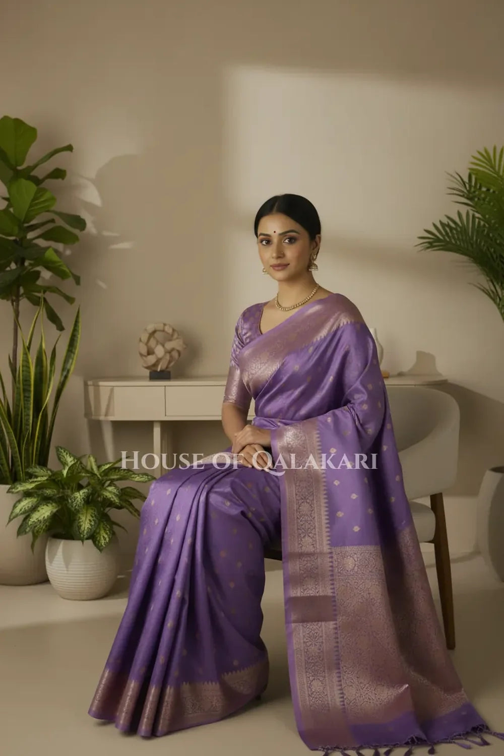 Mushroom silk Saree sitting pose
