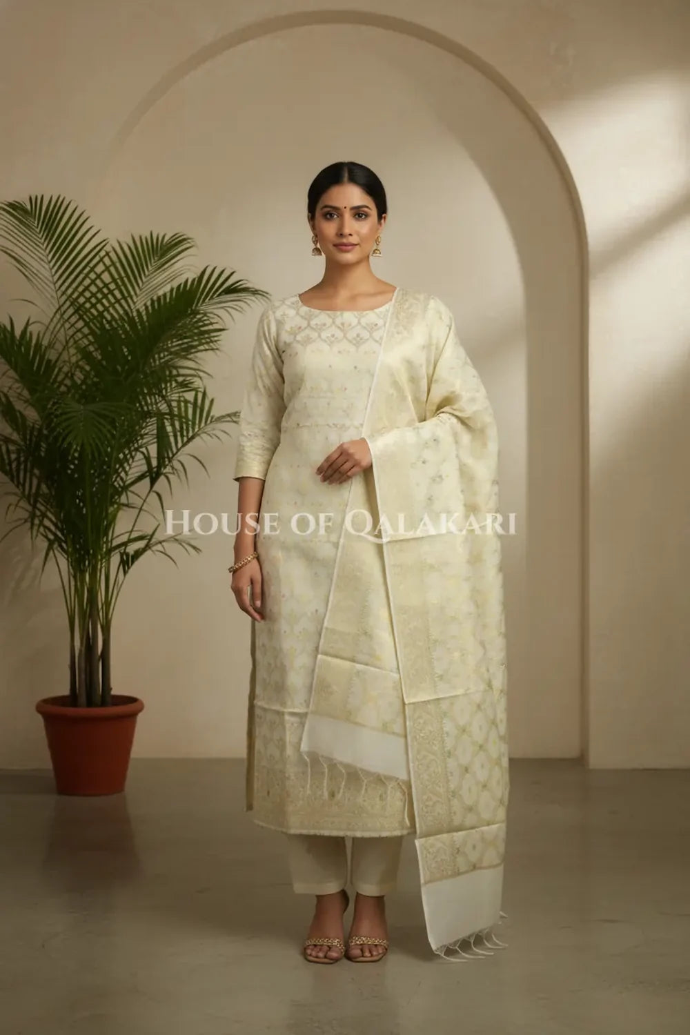Cream Banarasi Chanderi Cotton Unstitched Dress Material with Zari Work – front pose