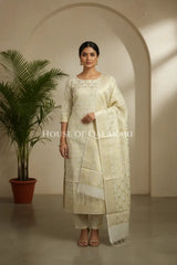 Cream Banarasi Chanderi Cotton Unstitched Dress Material with Zari Work – front pose