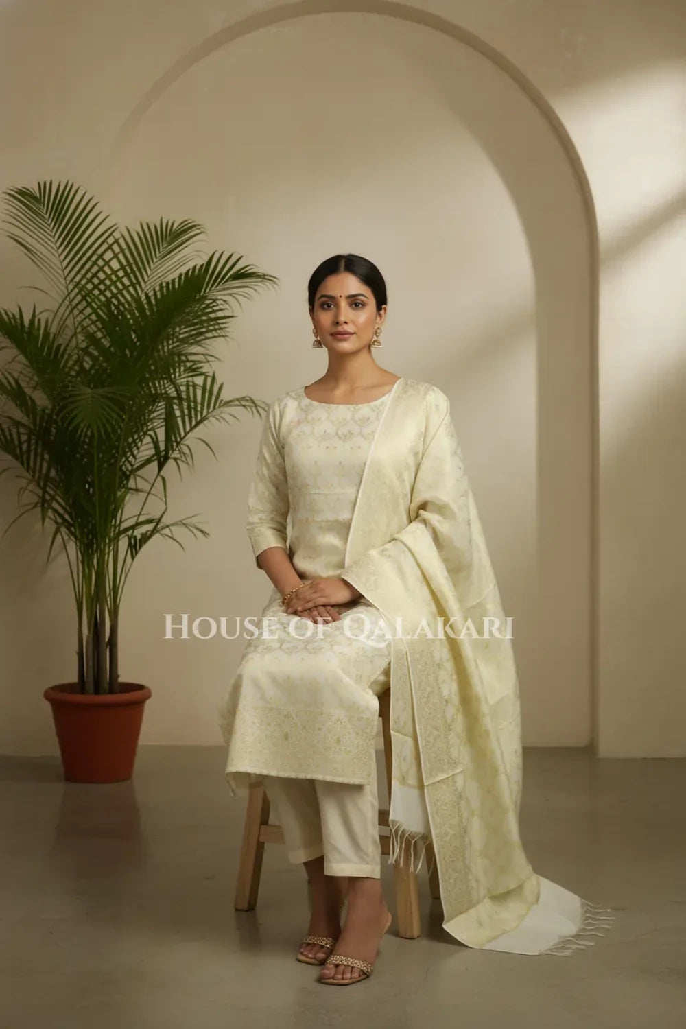 Cream Banarasi Chanderi Cotton Unstitched Dress Material with Zari Work – sitting pose