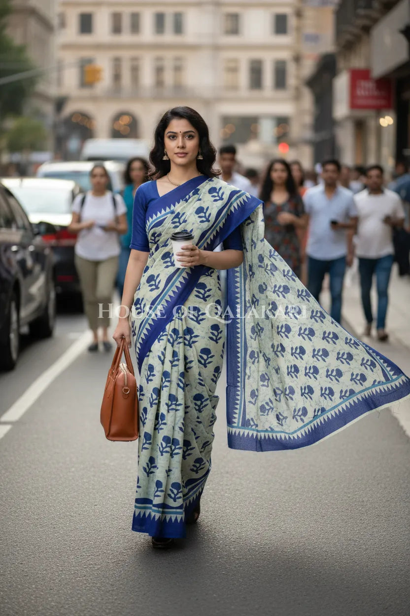 mulmul cotton bagru saree 410 outdoor pose