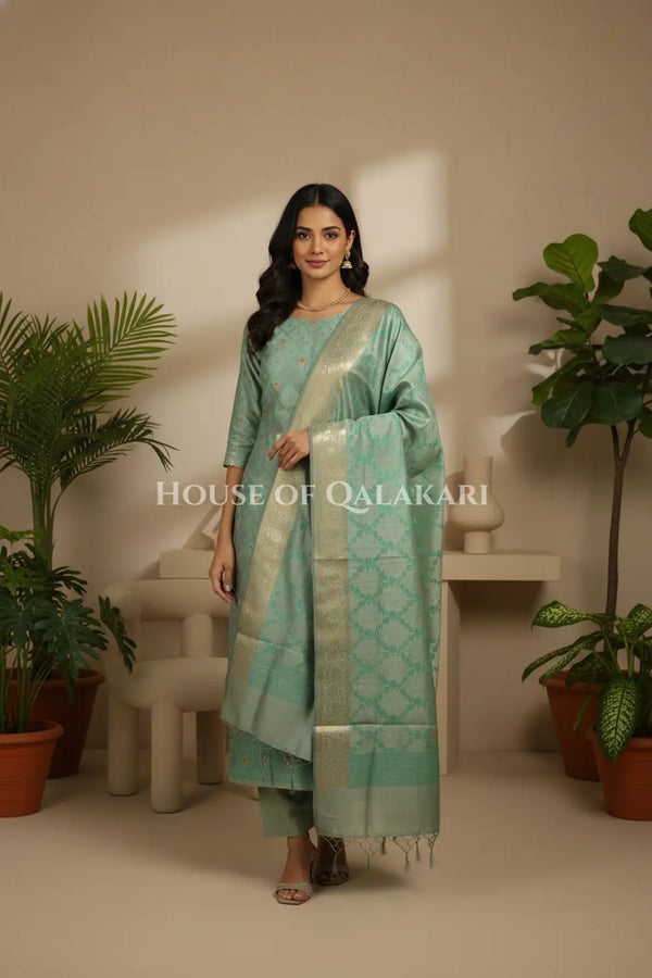 Banarasi Unstitched Dress Material in Grey Olive -Sea Green diamond Chokdi resham work kurta and zari border – front pose