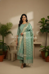 Banarasi Unstitched Dress Material in Grey Olive -Sea Green diamond Chokdi resham work kurta and zari border – front pose