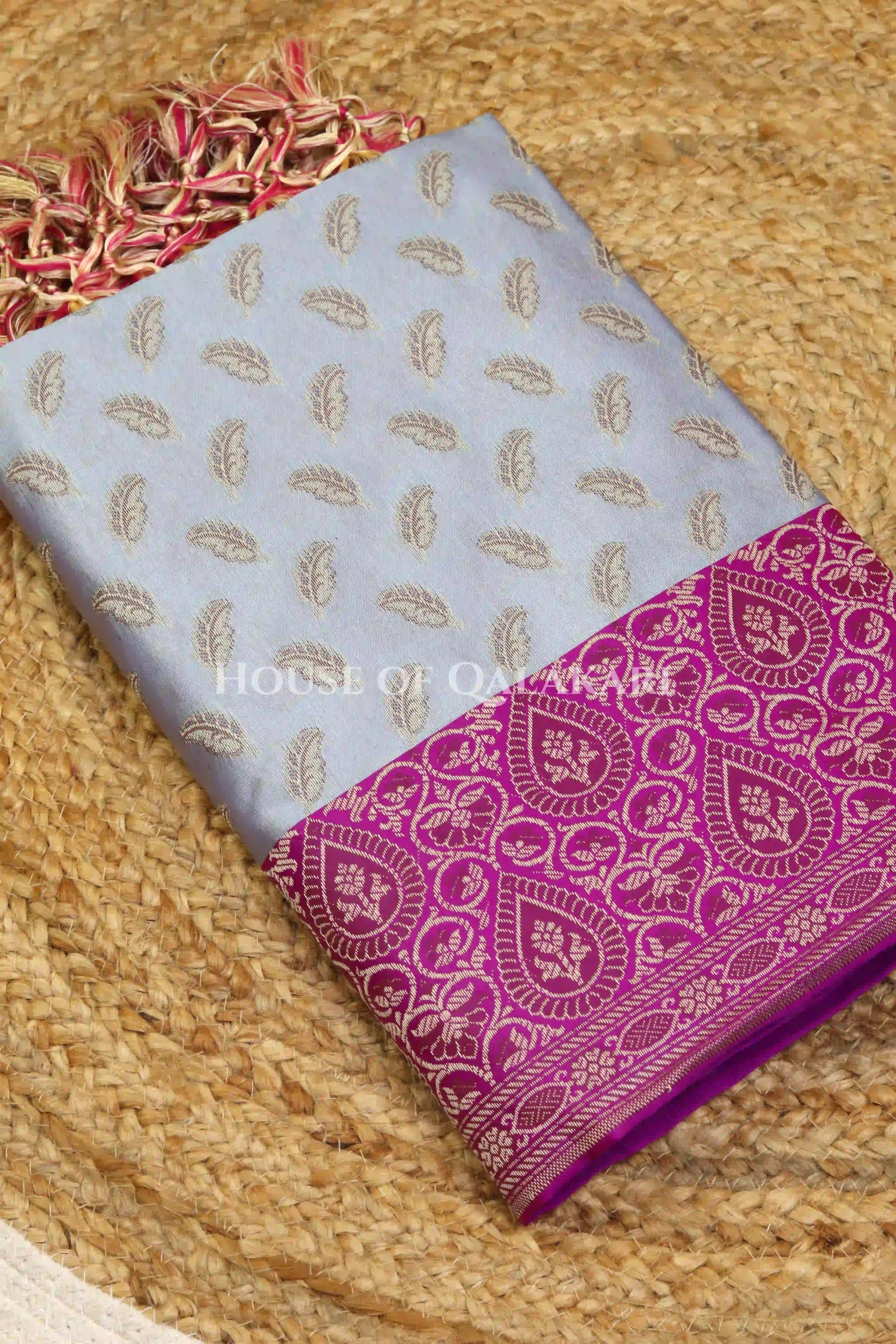 Banarasi Unstitched Dress Material in Light Blue and with all over leaf buti and resham border along with floral resham jaal dupatta – kurta
