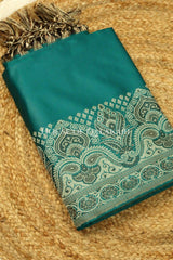 Banarasi Unstitched Dress Material in Emerald Green and with plain body and resham border and diagonally striped resham dupatta – kurta
