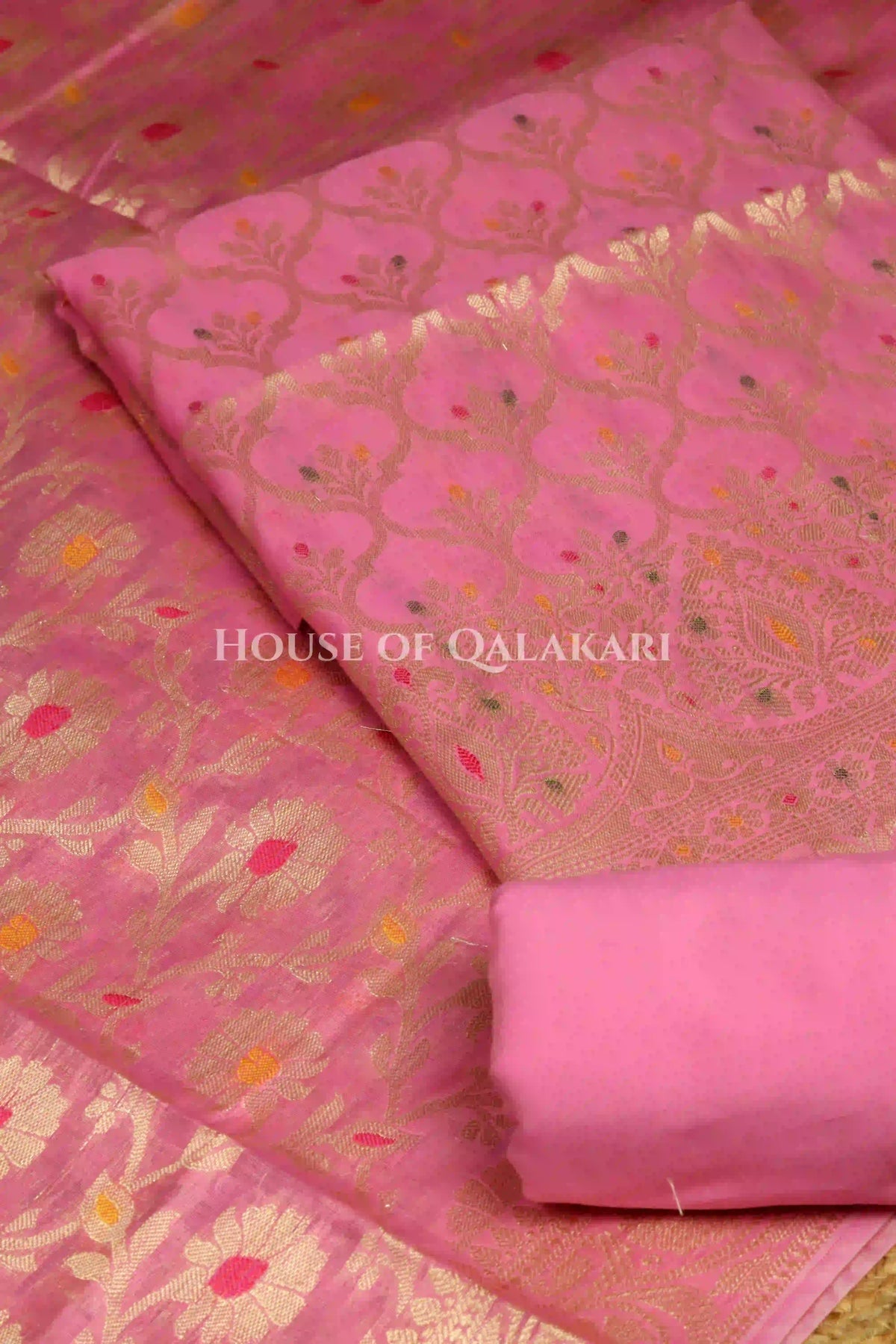 Pink Banarasi Chanderi Cotton Unstitched Dress Material with Zari Work – product