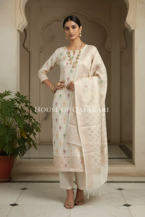 Banarasi Chanderi Cotton Unstitched Dress Material in Cream and with matching floral vine jaal dupatta – festive pose