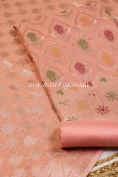 Banarasi Chanderi Cotton Unstitched Dress Material in Peach and with matching floral vine jaal dupatta – product