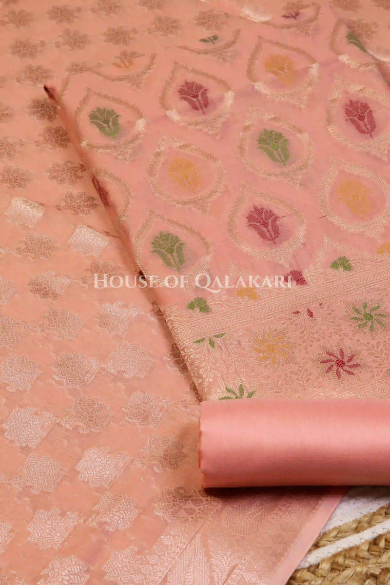 Banarasi Chanderi Cotton Unstitched Dress Material in Peach and with matching floral vine jaal dupatta – product