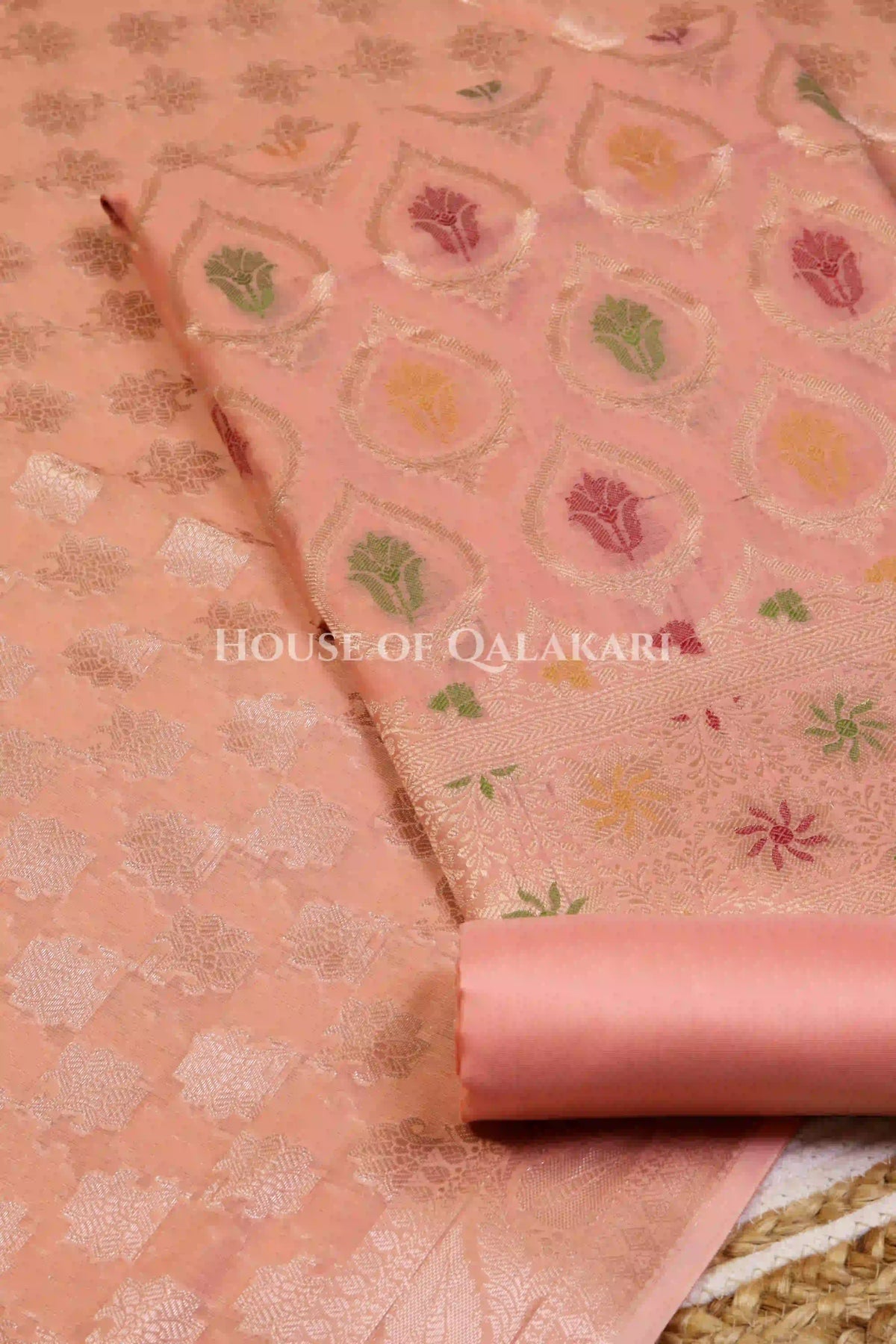 Banarasi Chanderi Cotton Unstitched Dress Material in Peach and with matching floral vine jaal dupatta – product