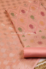Banarasi Chanderi Cotton Unstitched Dress Material in Peach and with matching floral vine jaal dupatta – product