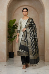 Banarasi Silk Unstitched Dress Material in light grey and black contrast with Intricate Zari Buti – front pose