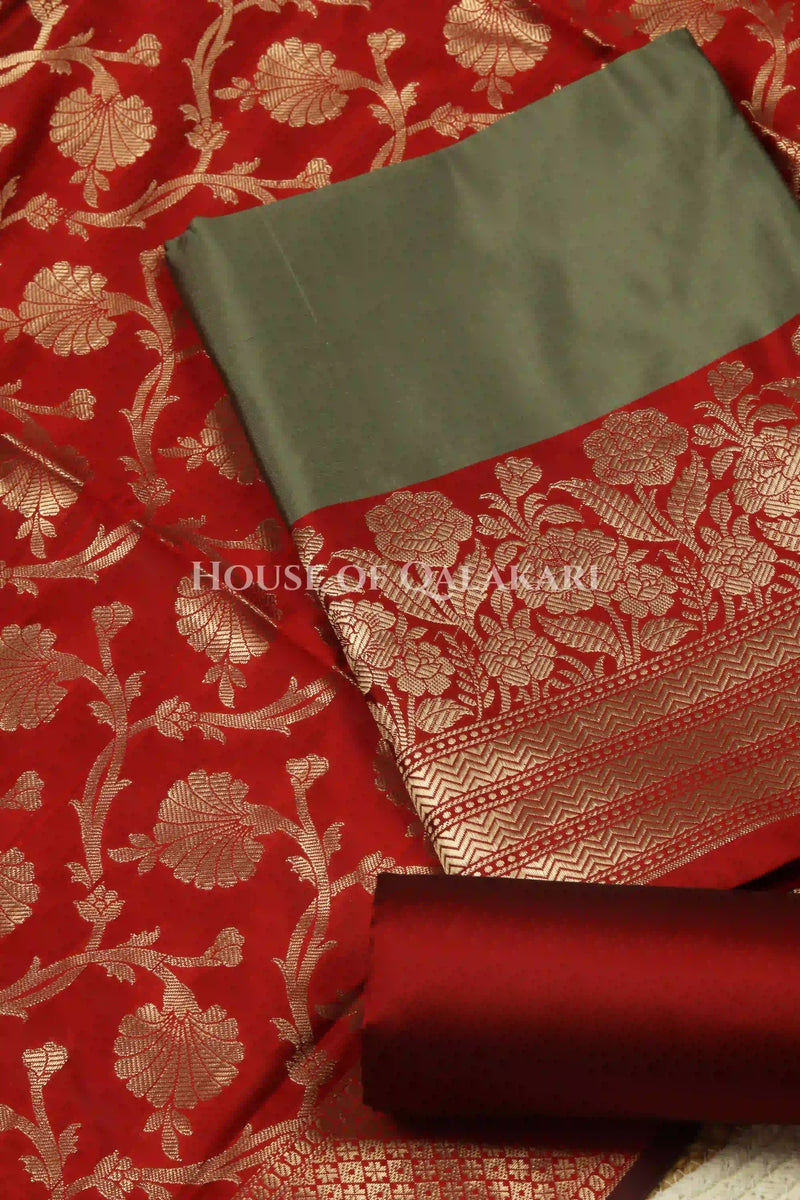 Banarasi silk Unstitched Dress Material in grey and red contrast with Intricate Zari Buti – product