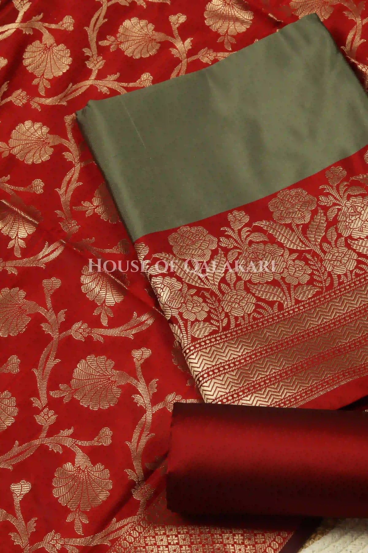 Banarasi silk Unstitched Dress Material in grey and red contrast with Intricate Zari Buti – product