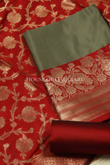 Banarasi silk Unstitched Dress Material in grey and red contrast with Intricate Zari Buti – product