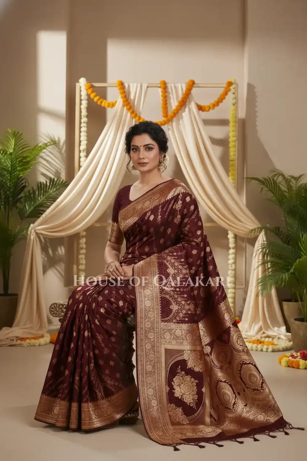 Double Katan Silk Saree sitting pose