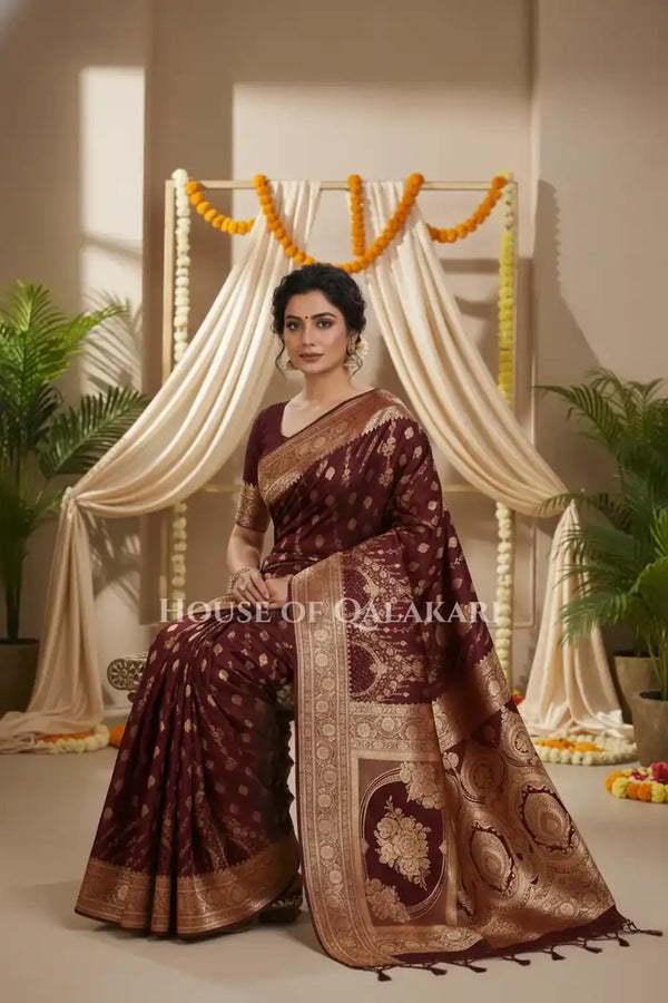 Double Katan Silk Saree sitting pose