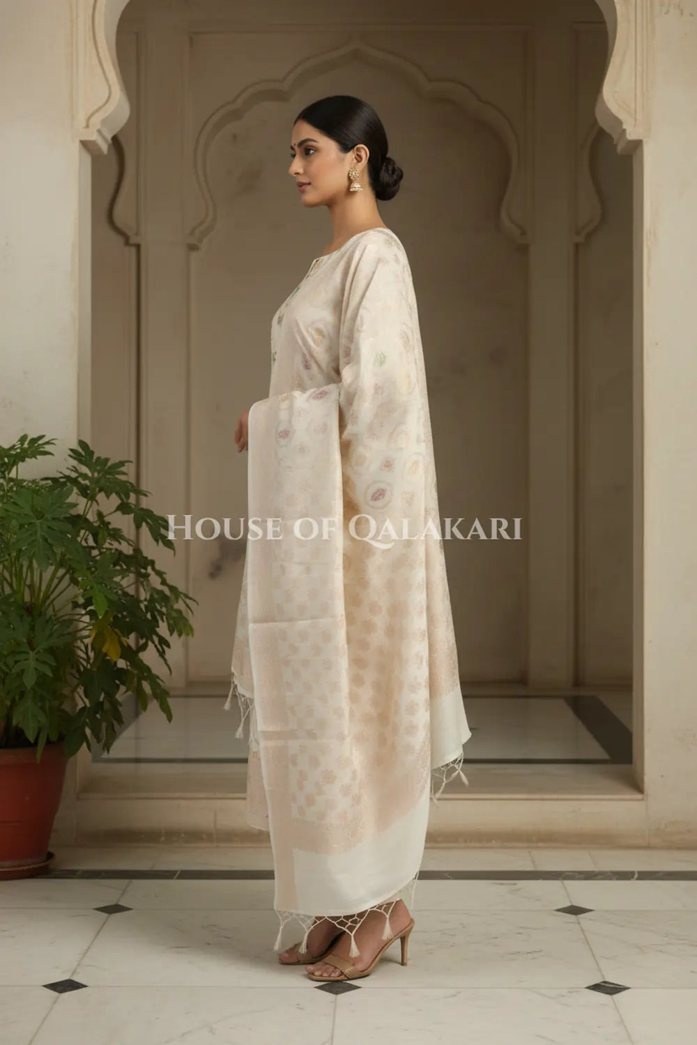 Banarasi Chanderi Cotton Unstitched Dress Material in Cream and with matching floral vine jaal dupatta – side pose