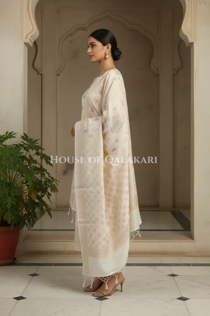Banarasi Chanderi Cotton Unstitched Dress Material in Cream and with matching floral vine jaal dupatta – side pose