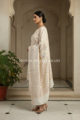 Banarasi Chanderi Cotton Unstitched Dress Material in Cream and with matching floral vine jaal dupatta – side pose