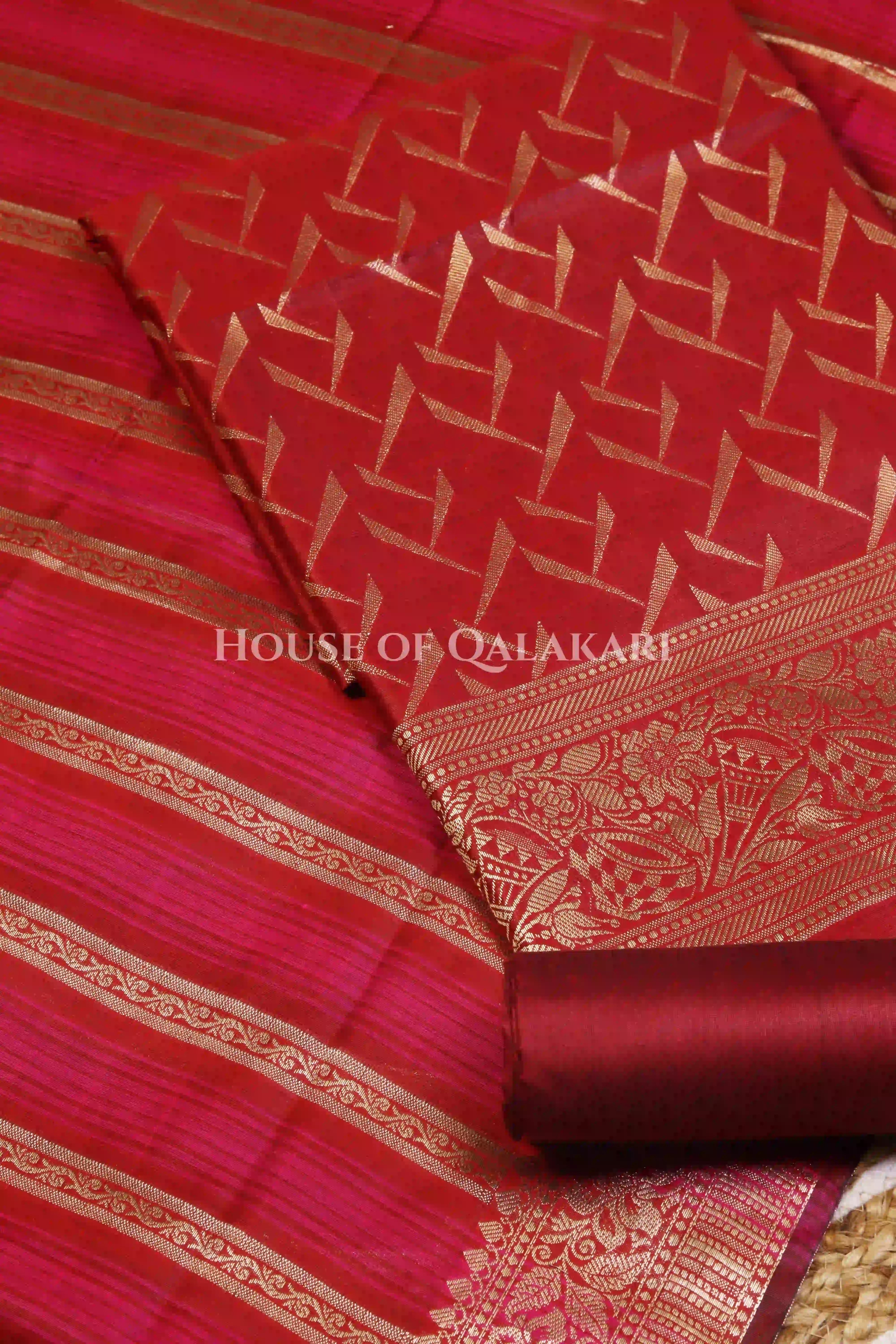 Banarasi Chanderi Cotton Unstitched Dress Material in Red and with matching horizontal zari stripe dupatta – product