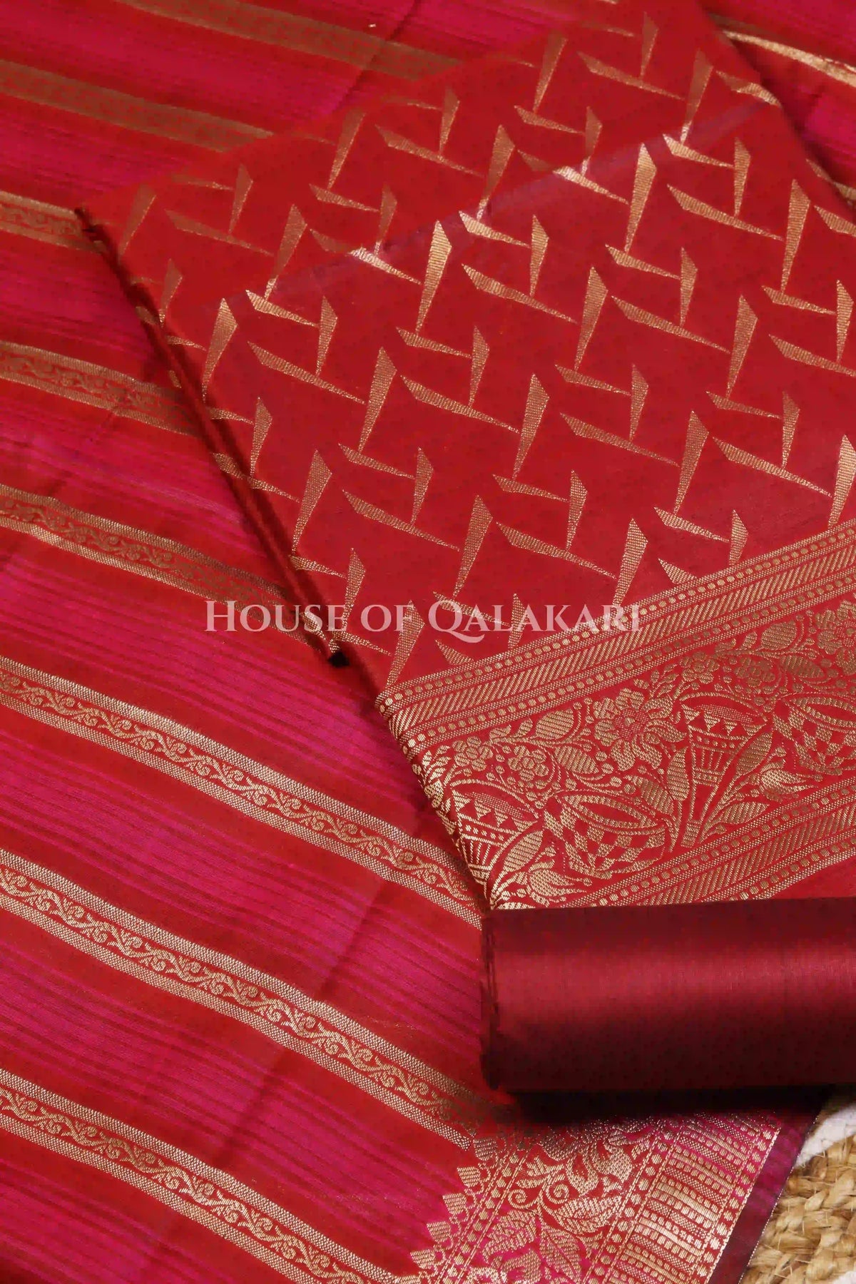 Banarasi Chanderi Cotton Unstitched Dress Material in Red and with matching horizontal zari stripe dupatta – product