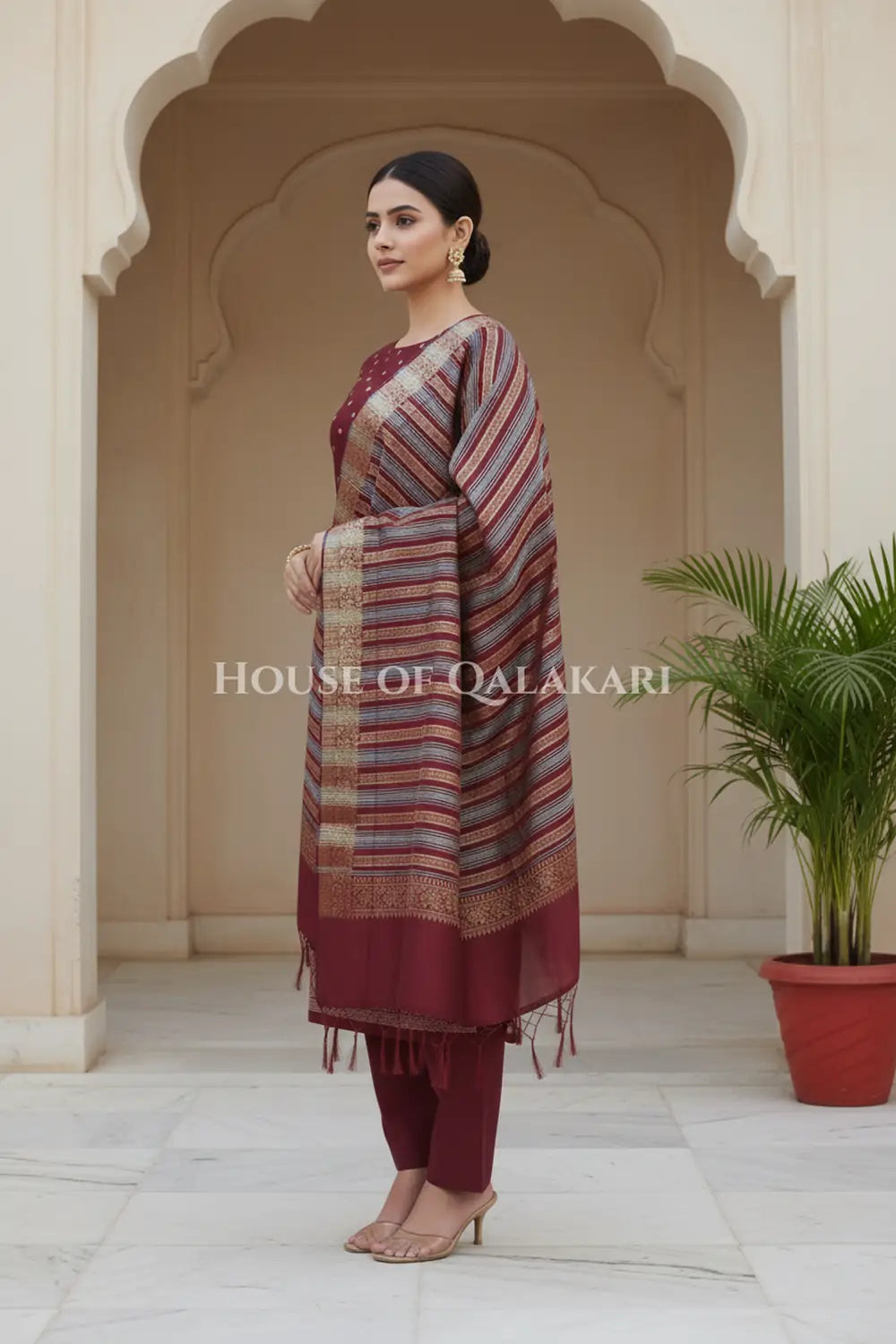 Banarasi Cotton Silk blend Unstitched Dress Material in Maroon Oak and with gol buti( Polka dots) inspired work – side pose