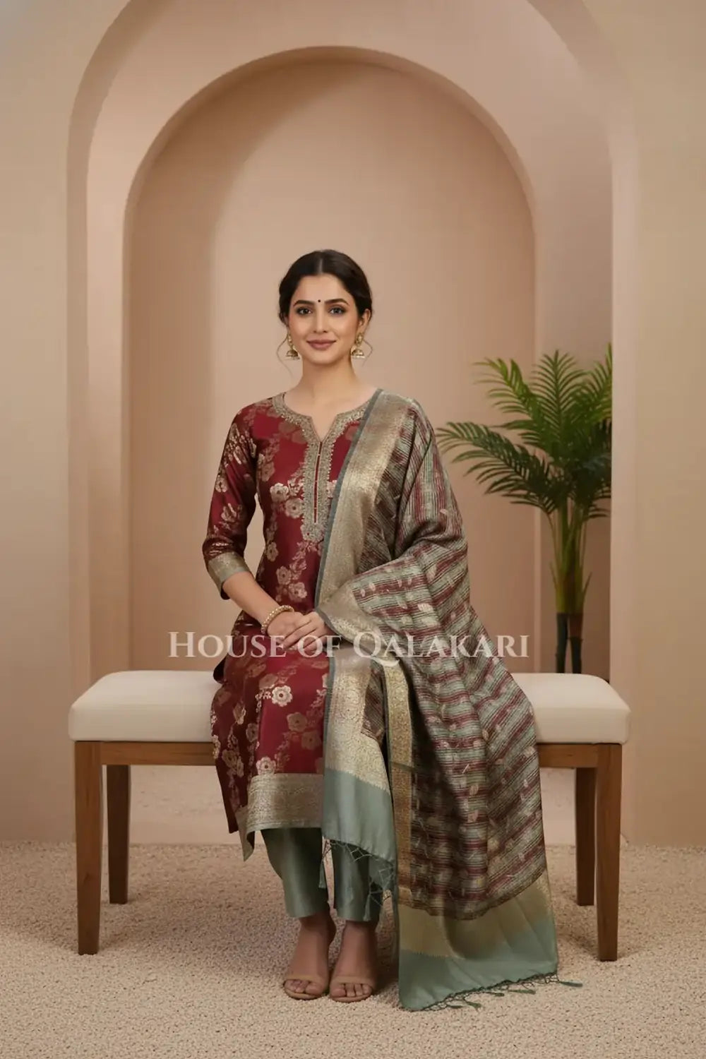 Banarasi Cotton Silk blend Unstitched Dress Material in maroon and Grey contrast with Intricate Zari Buti – sitting pose