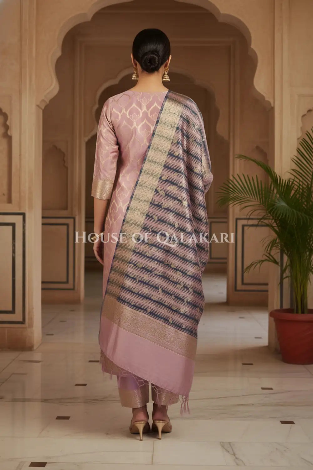 Banarasi Cotton Silk blend Unstitched Dress Material in Dusky Rose and with contrast Navy Blue-Dusky Rose striped dupatta – back pose