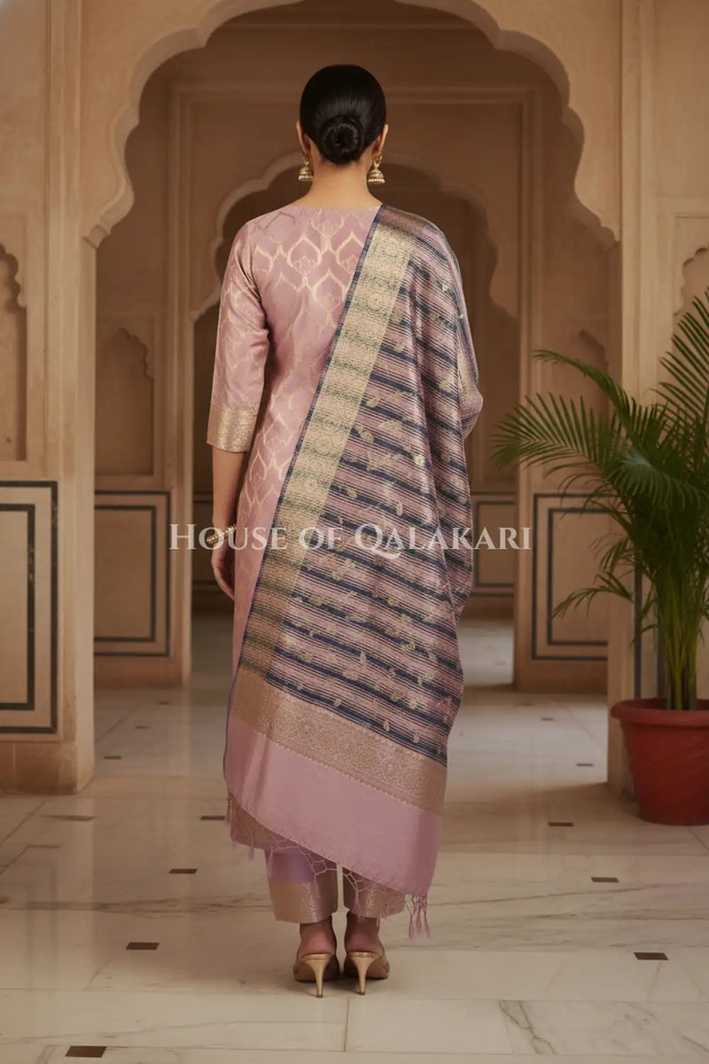 Banarasi Cotton Silk blend Unstitched Dress Material in Dusky Rose and with contrast Navy Blue-Dusky Rose striped dupatta – back pose