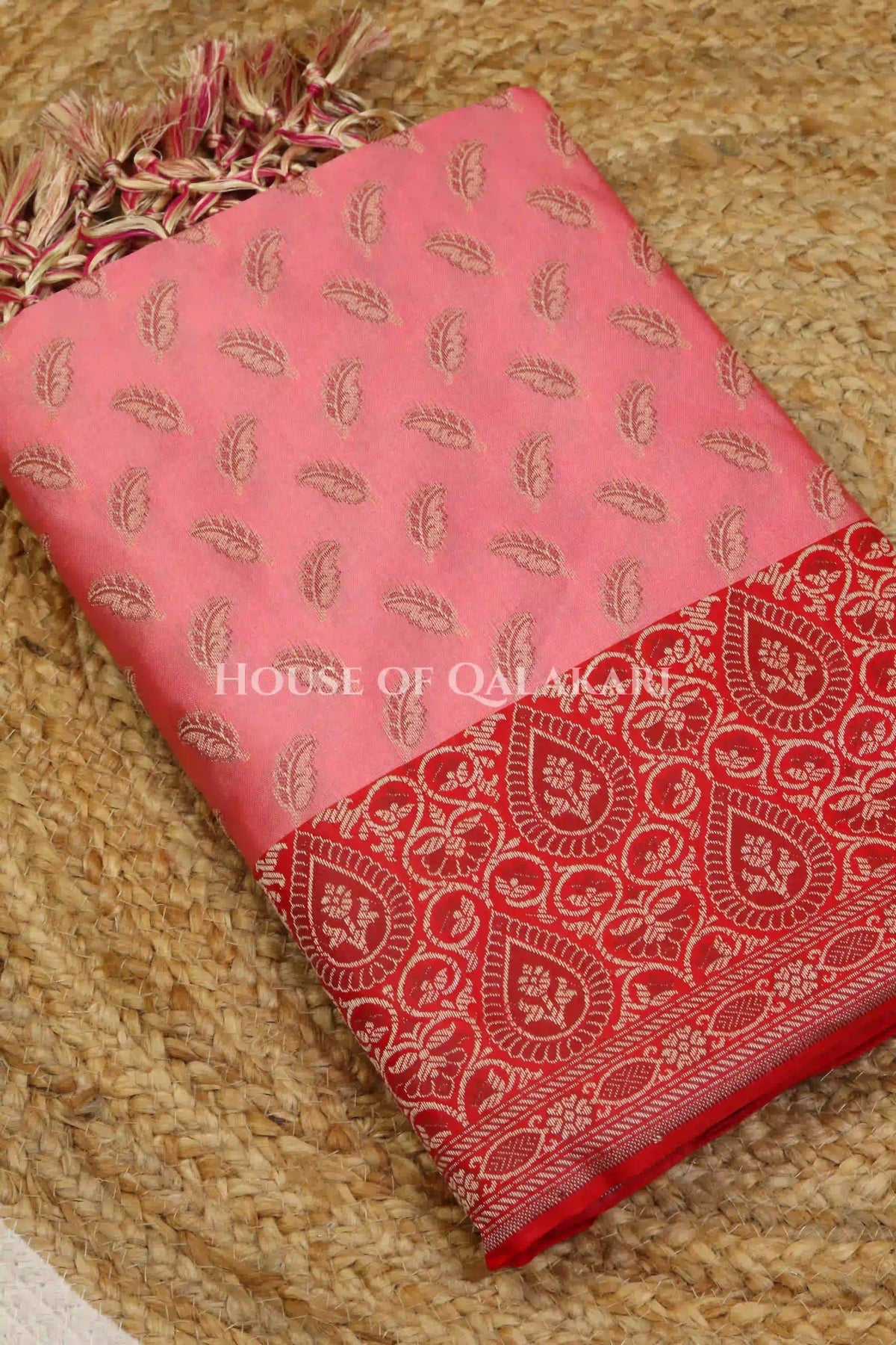 Banarasi Unstitched Dress Material in Rose Pink and with all over leaf buti and resham border along with floral resham jaal dupatta – product