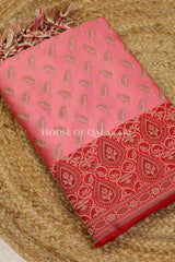 Banarasi Unstitched Dress Material in Rose Pink and with all over leaf buti and resham border along with floral resham jaal dupatta – product