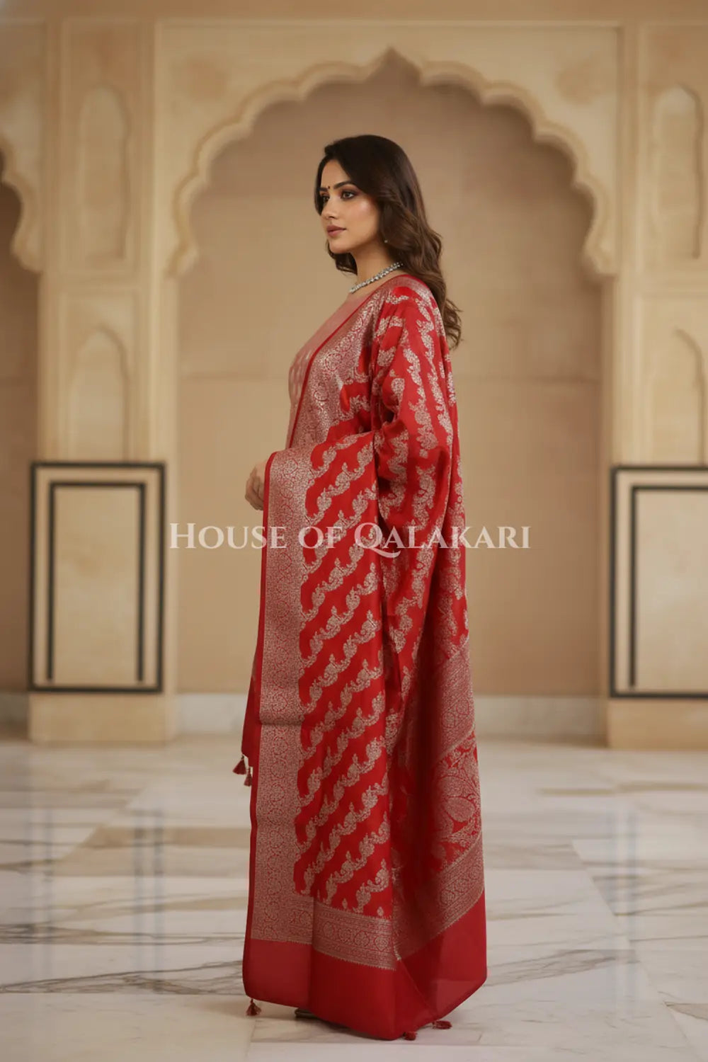 Banarasi Silk Unstitched Dress Material in Rose Pink and Red contrast with Intricate Zari Buti – side pose