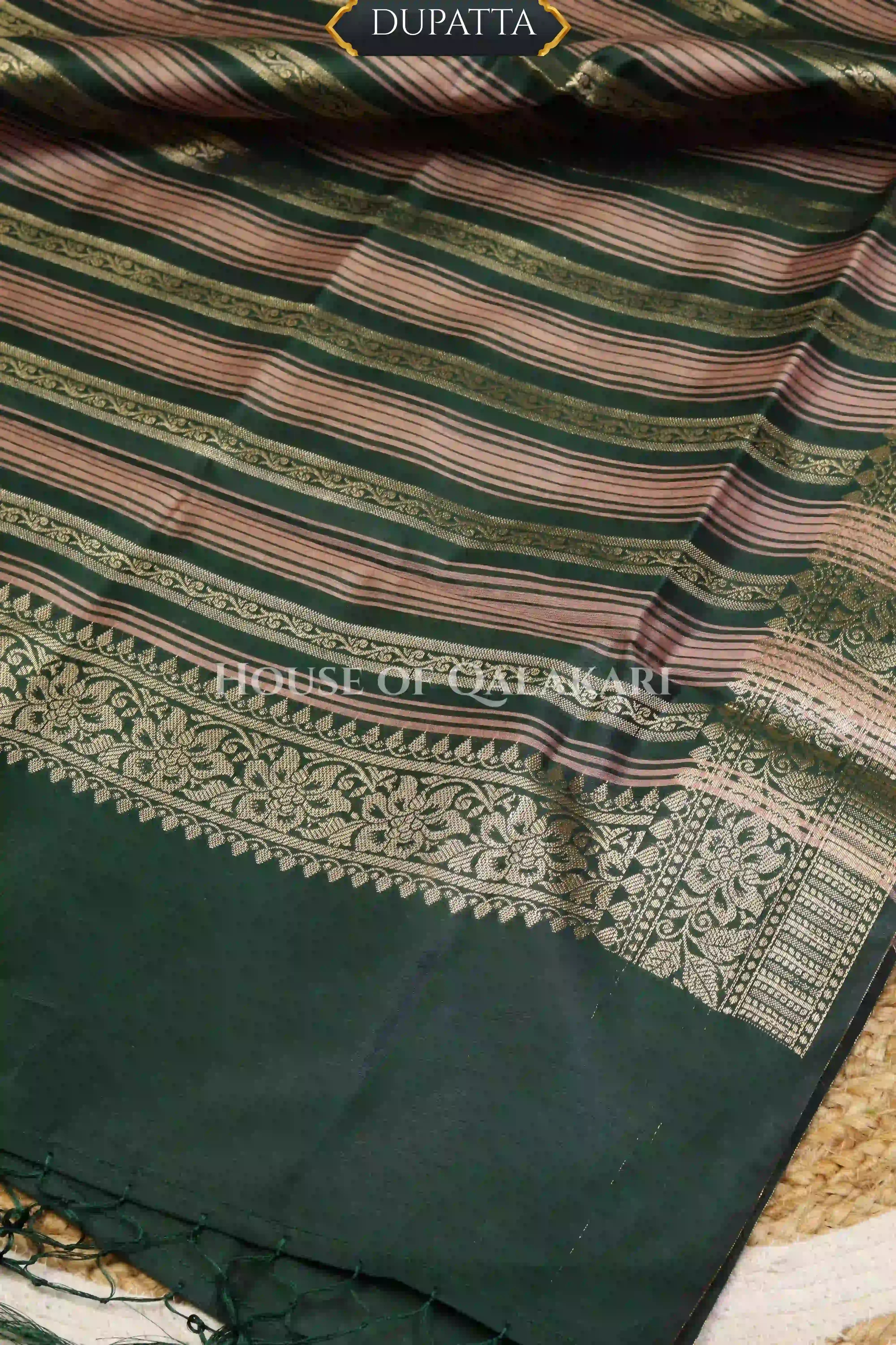 Banarasi Cotton Silk blend Unstitched Dress Material in Bottle Green and with gol buti( Polka dots) inspired work – dupatta